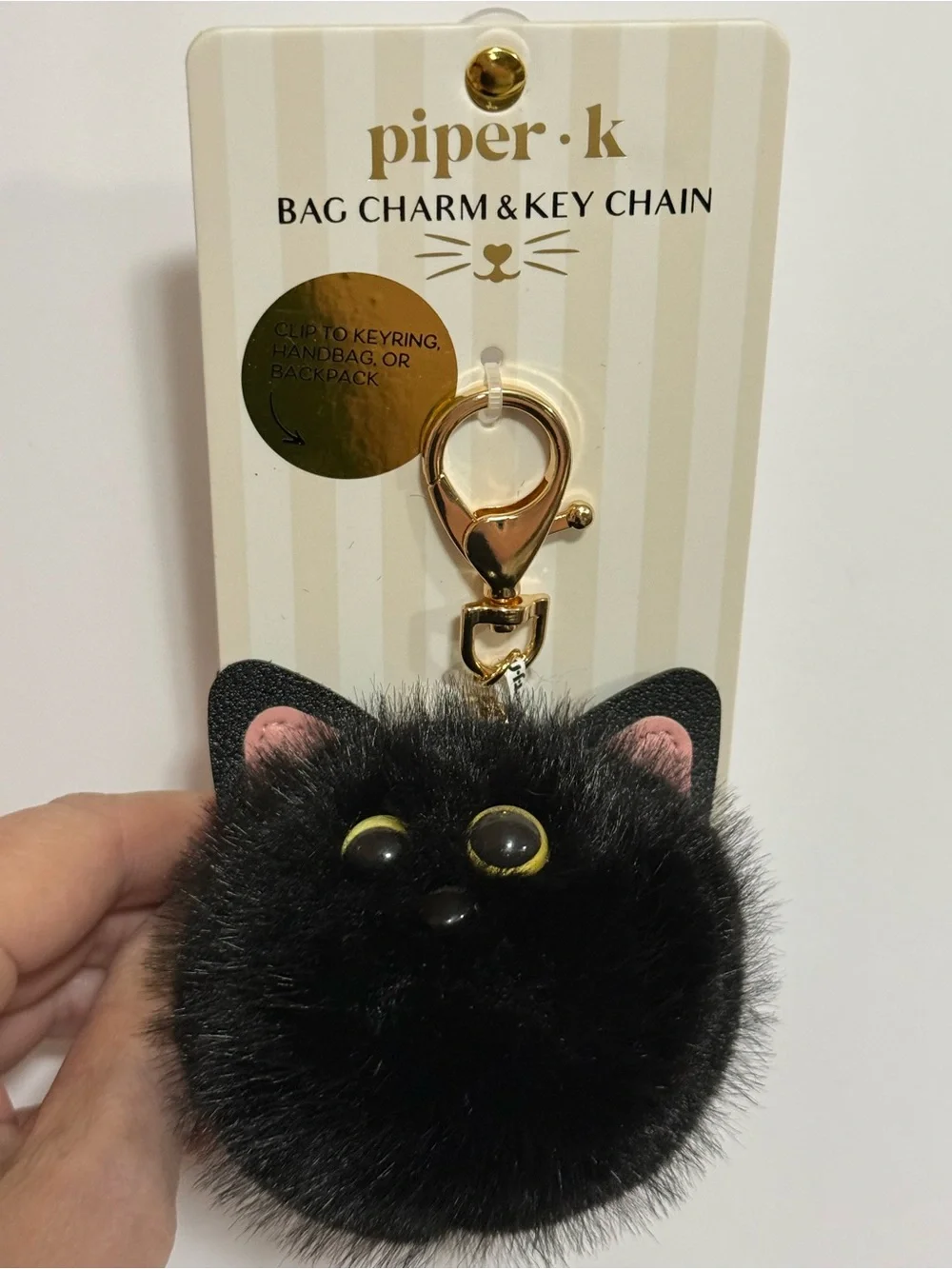 Piper Black Furry Cat Pom Pom Keychain with Gold Clasp